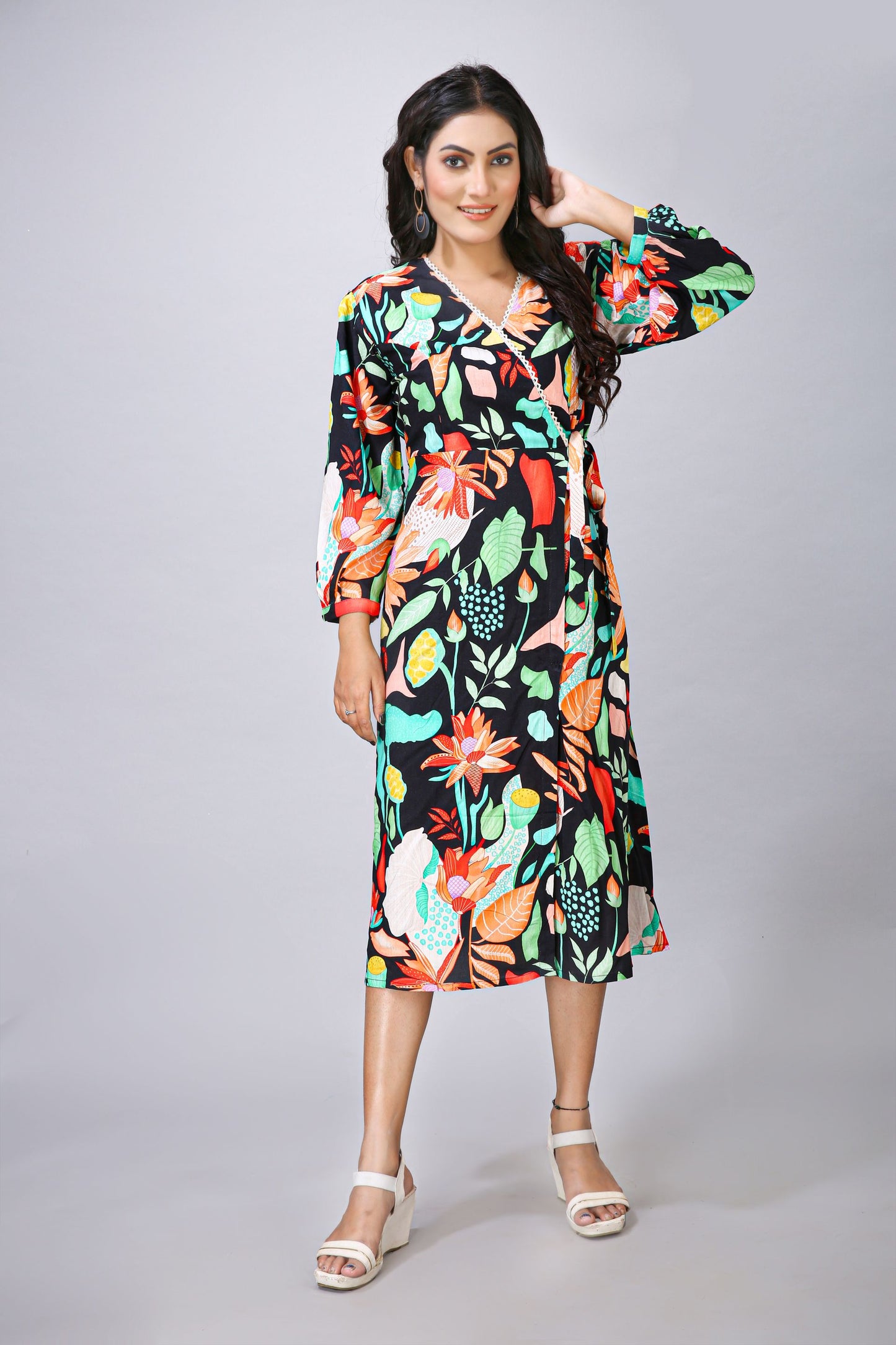 Black Lace Work Printed One Piece Dress