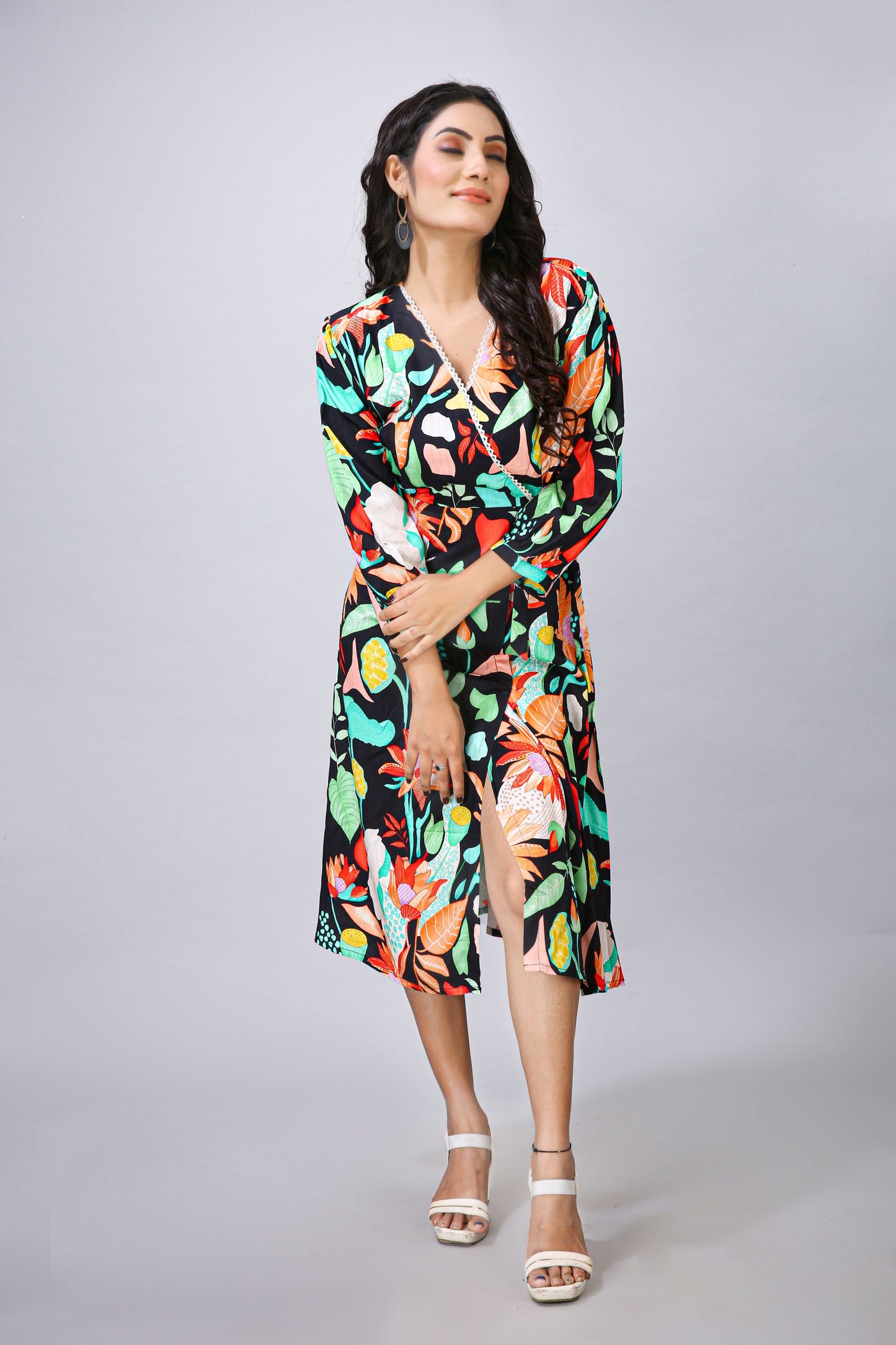 Black Lace Work Printed One Piece Dress
