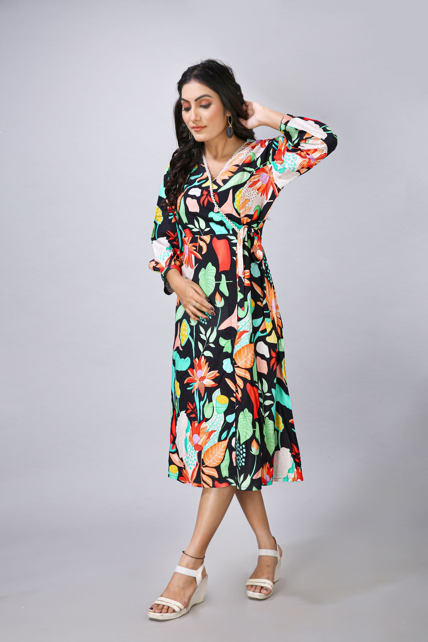 Black Lace Work Printed One Piece Dress