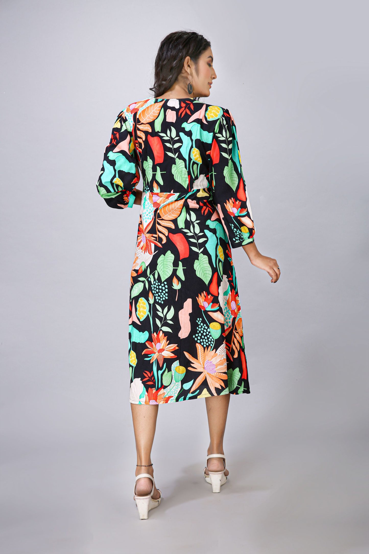 Black Lace Work Printed One Piece Dress