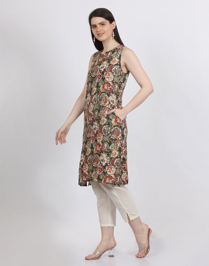 Green Sleeveless Floral Kurti