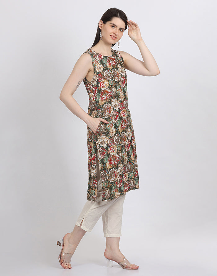 Green Sleeveless Floral Kurti