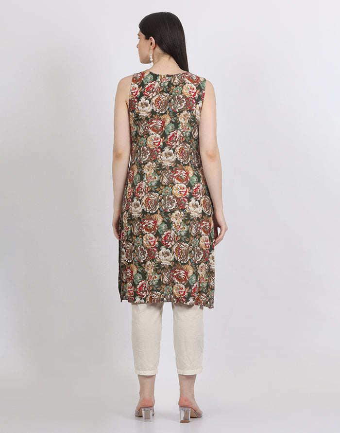 Green Sleeveless Floral Kurti