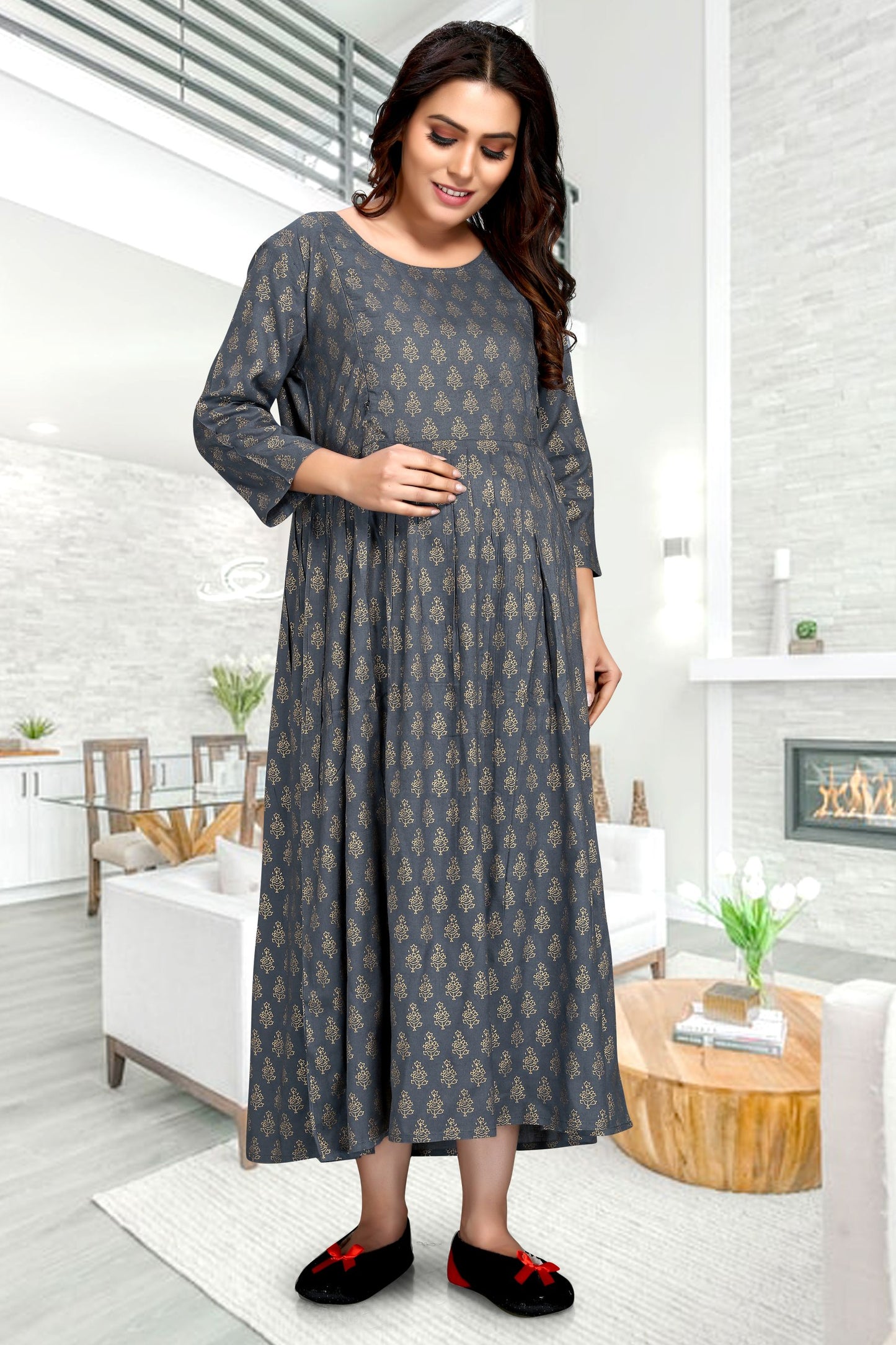 Grey Color Printed Maternity Kurta