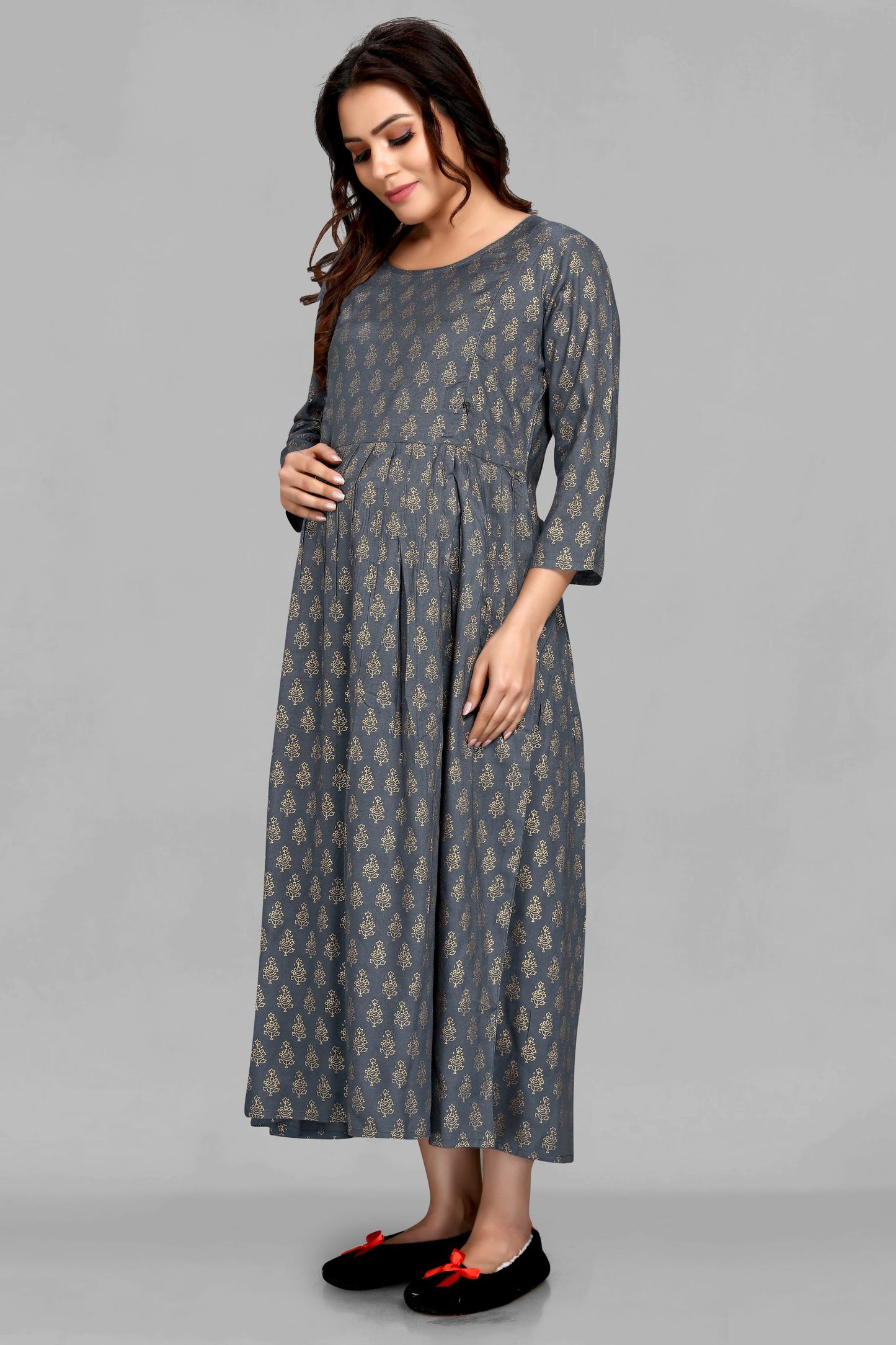 Grey Color Printed Maternity Kurta