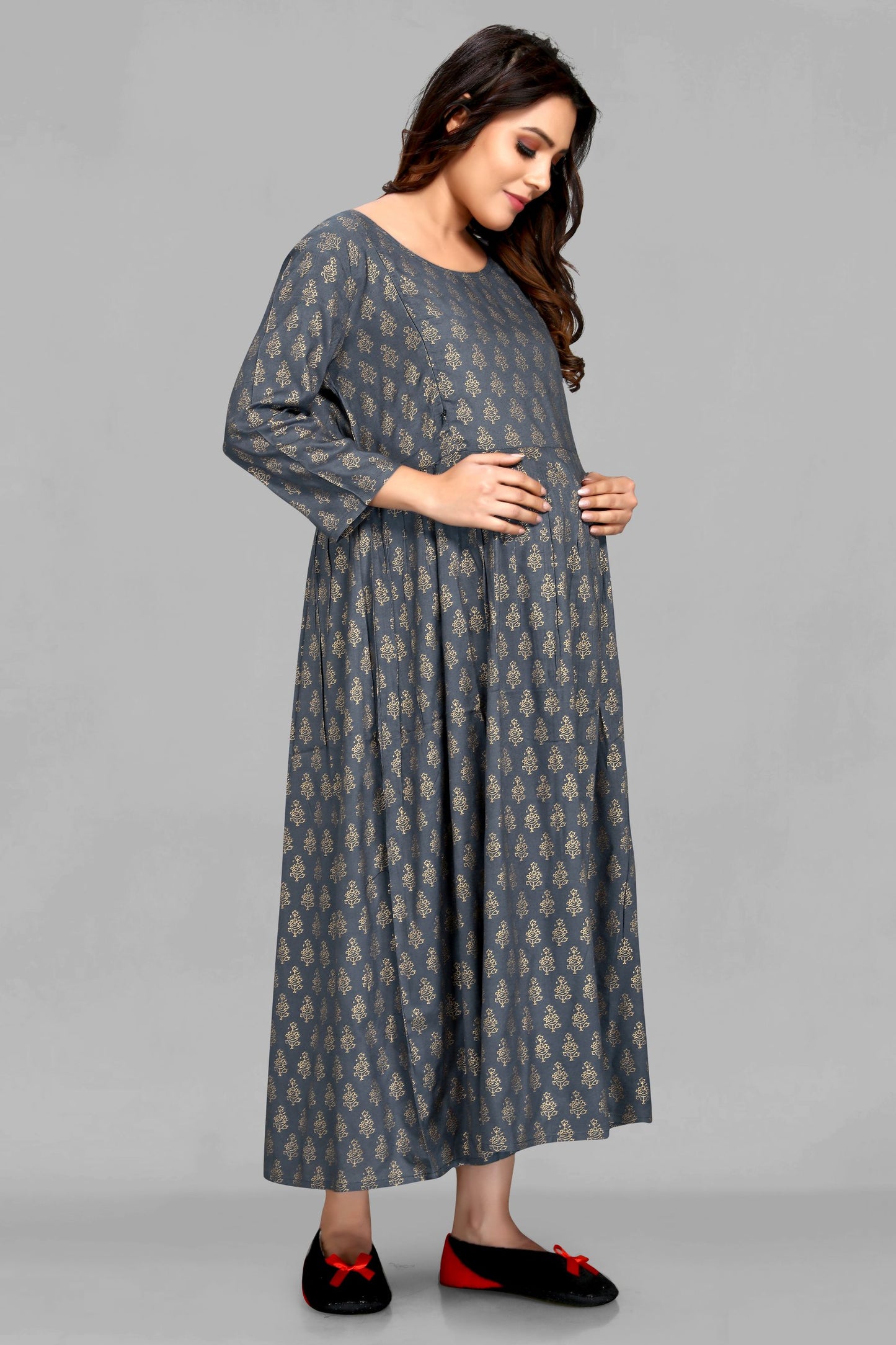 Grey Color Printed Maternity Kurta