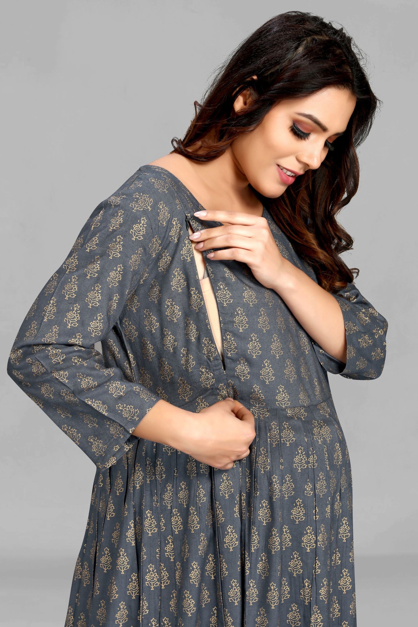 Grey Color Printed Maternity Kurta