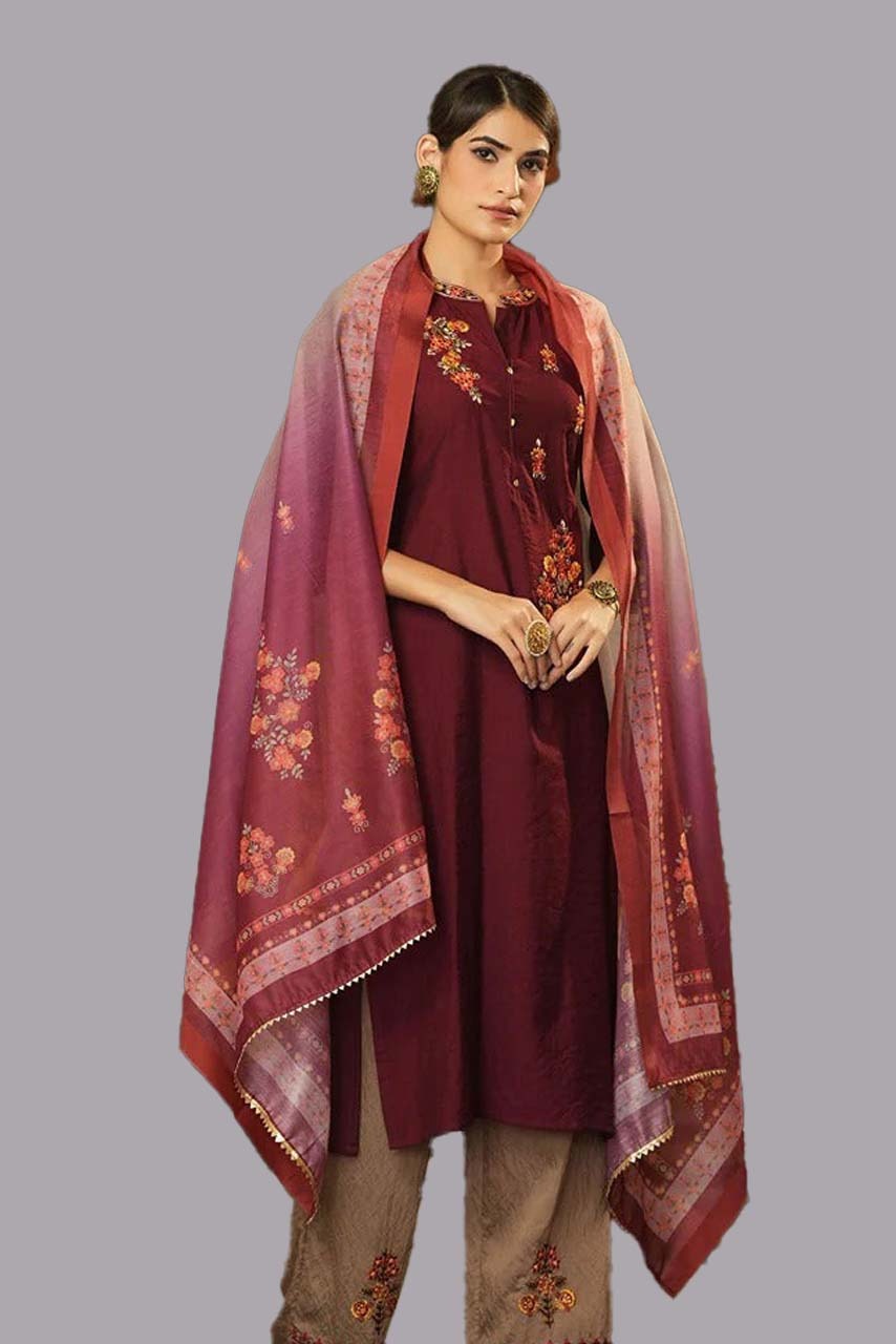 Maroon Top Bottom Dupatta Set