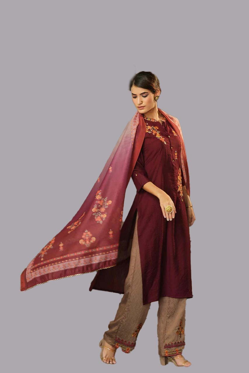 Maroon Top Bottom Dupatta Set