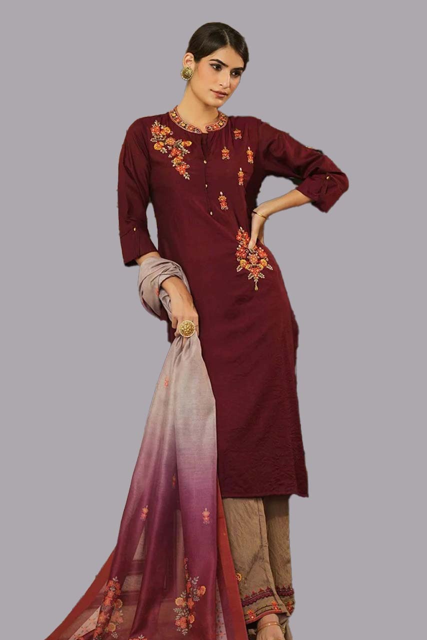 Maroon Top Bottom Dupatta Set