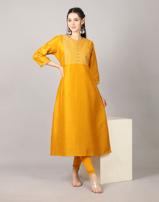 Musterd Color Kurti With Lace