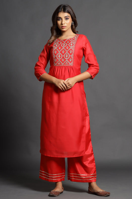 Red Chanderi Top Bottom Set