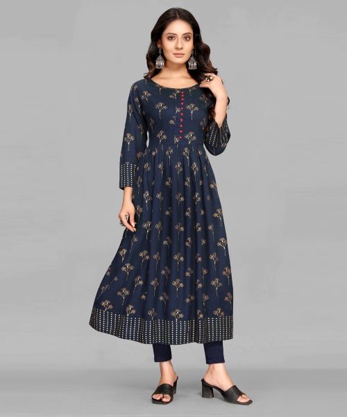 Navy Blue Rayon Foil Print Kurta