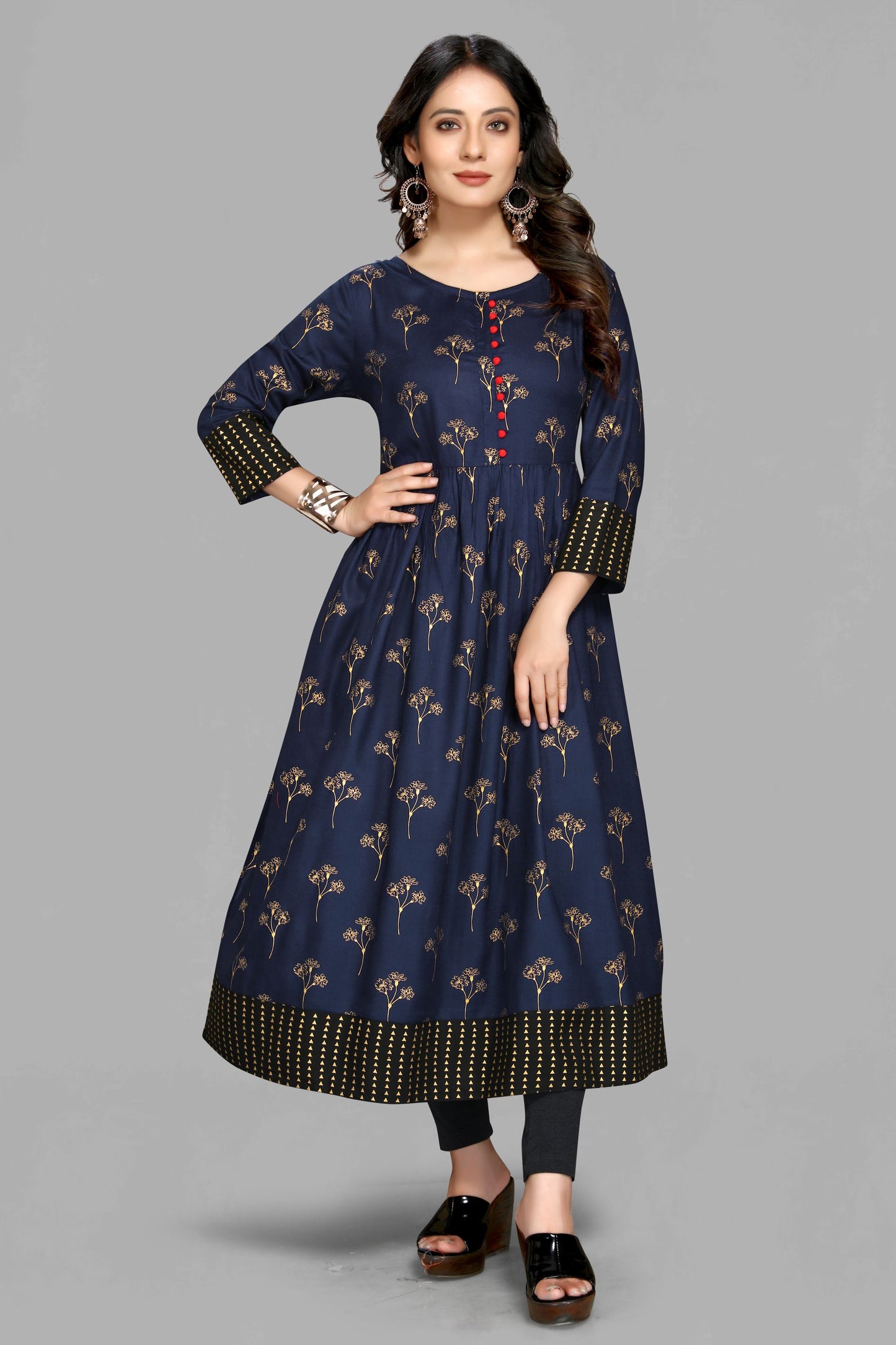 Navy Blue Rayon Foil Print Kurta