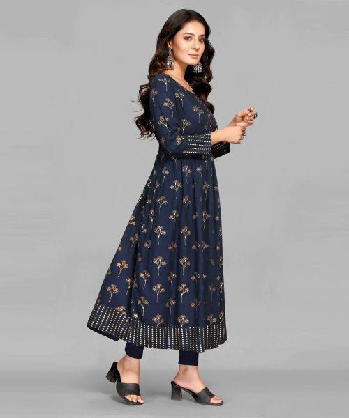 Navy Blue Rayon Foil Print Kurta