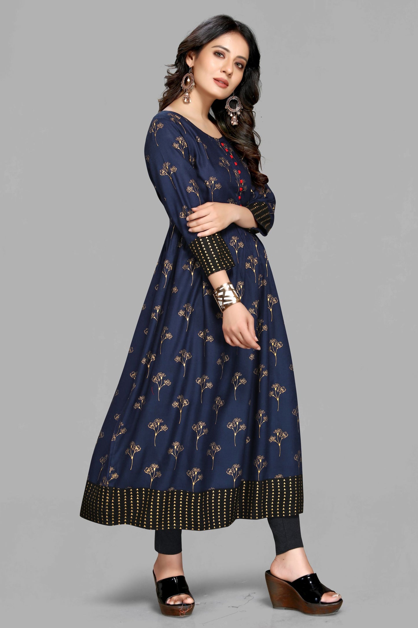 Navy Blue Rayon Foil Print Kurta