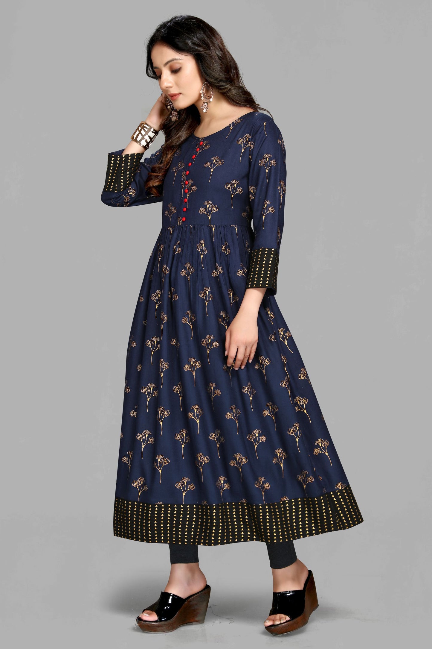 Navy Blue Rayon Foil Print Kurta