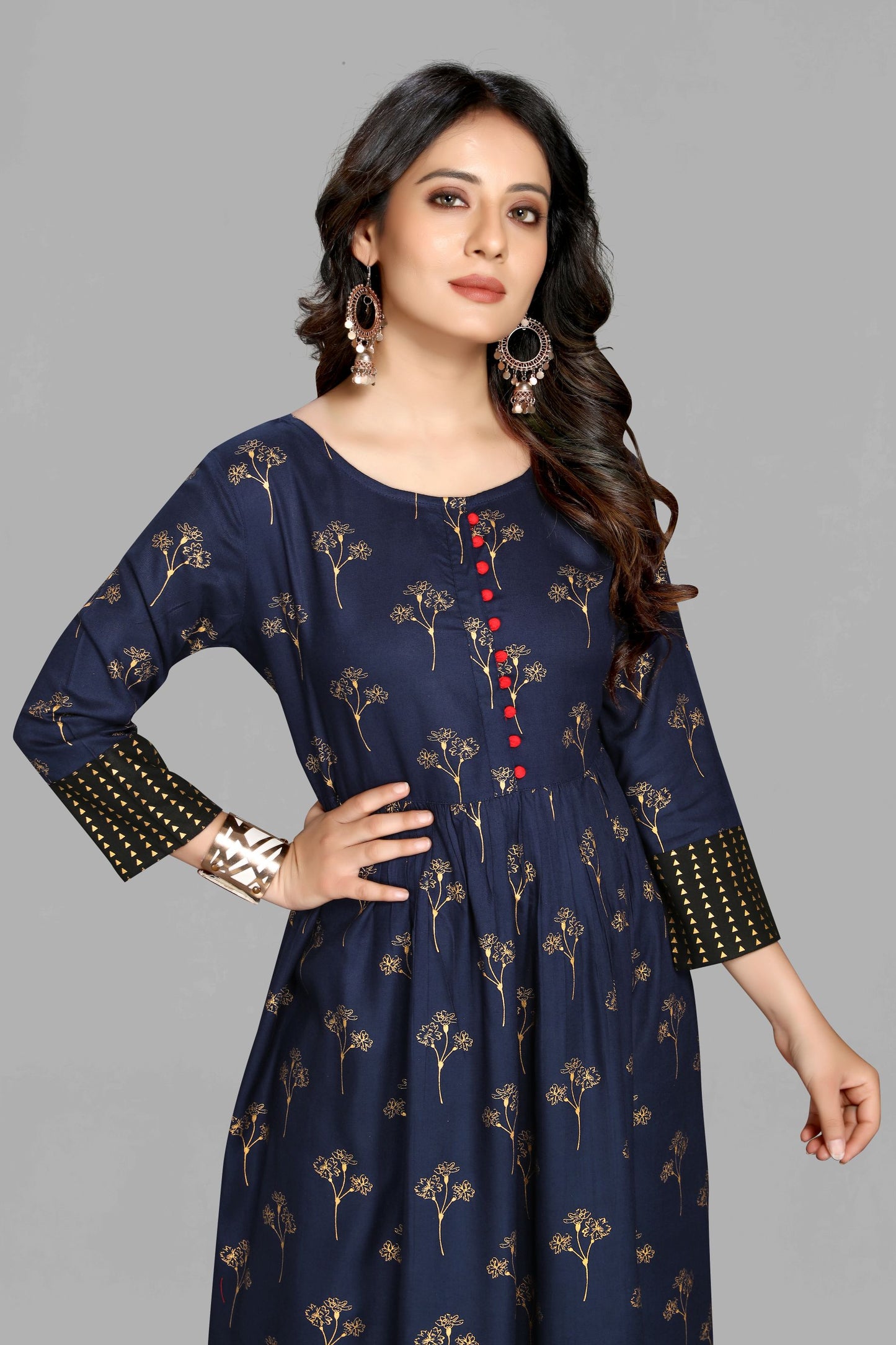 Navy Blue Rayon Foil Print Kurta