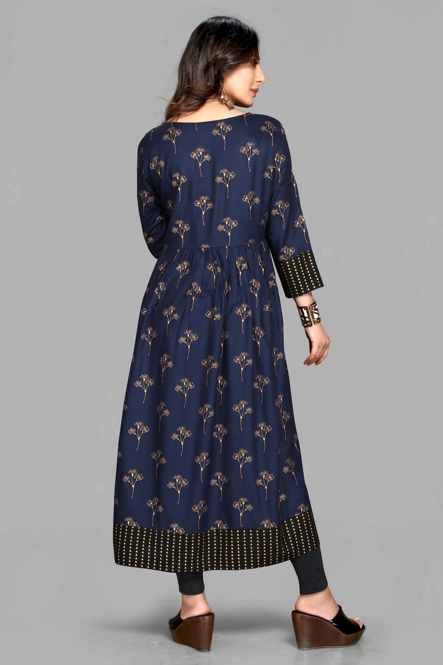 Navy Blue Rayon Foil Print Kurta