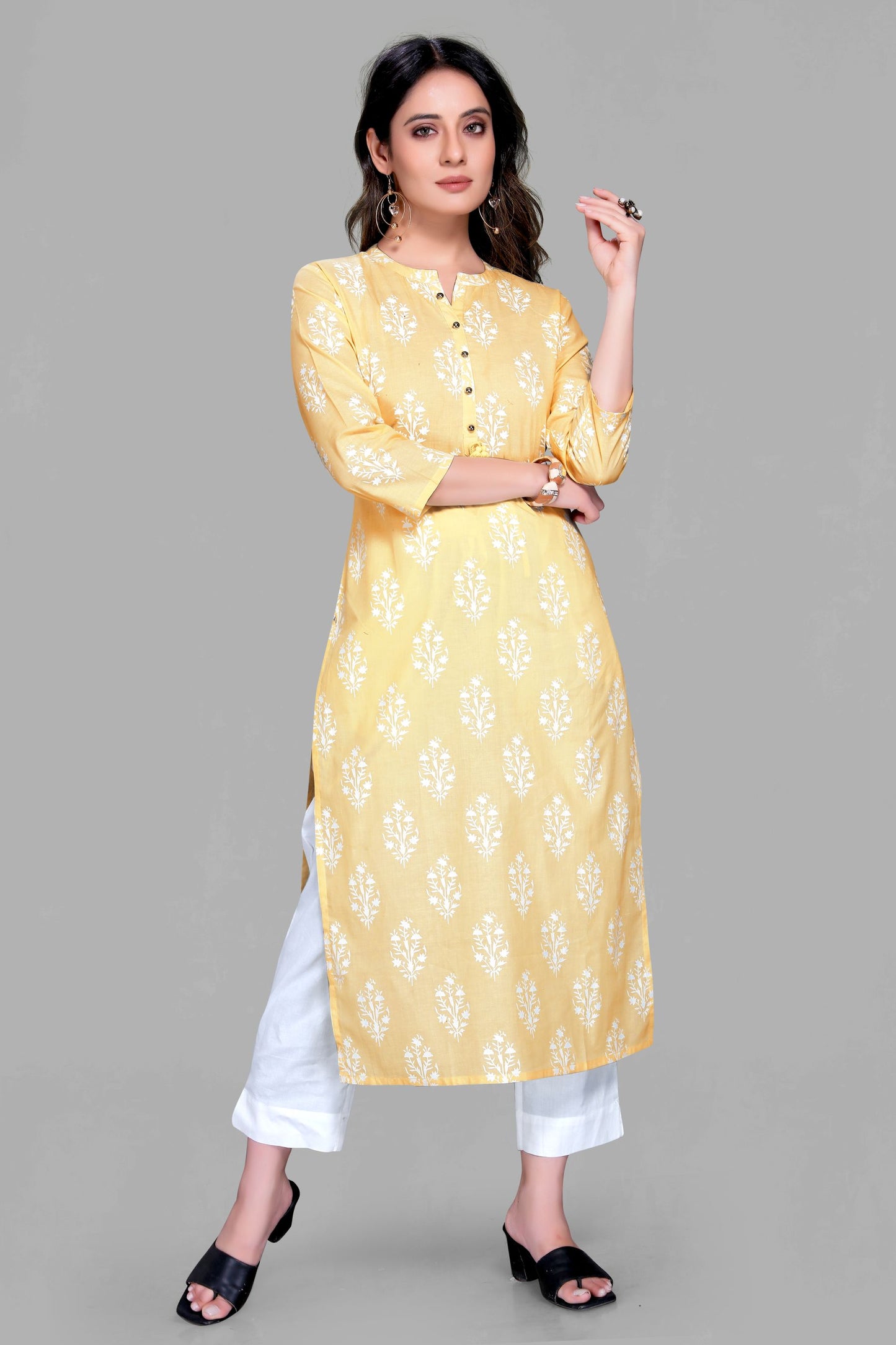 Lemon Green Color Floral Print Kurti