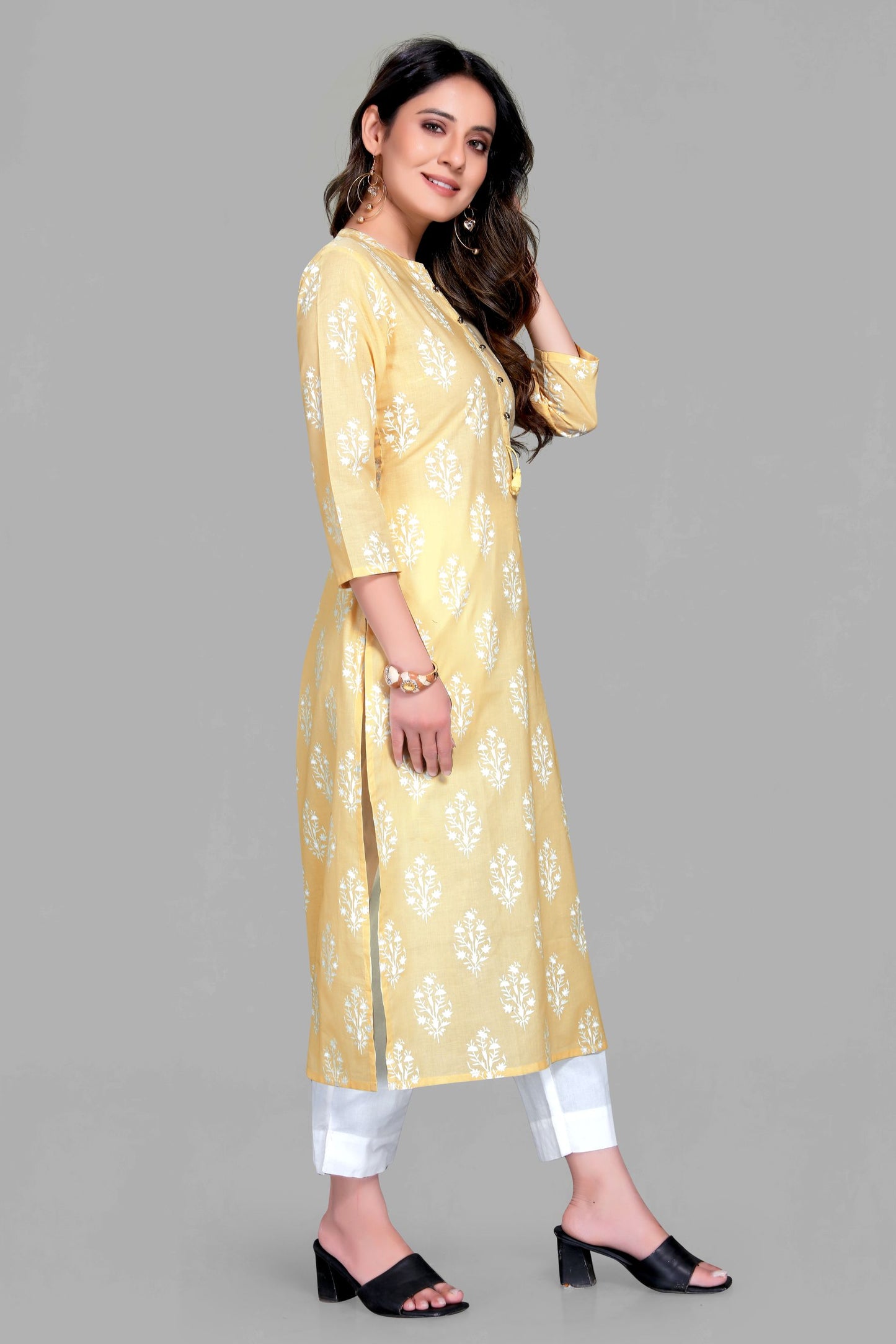 Lemon Green Color Floral Print Kurti