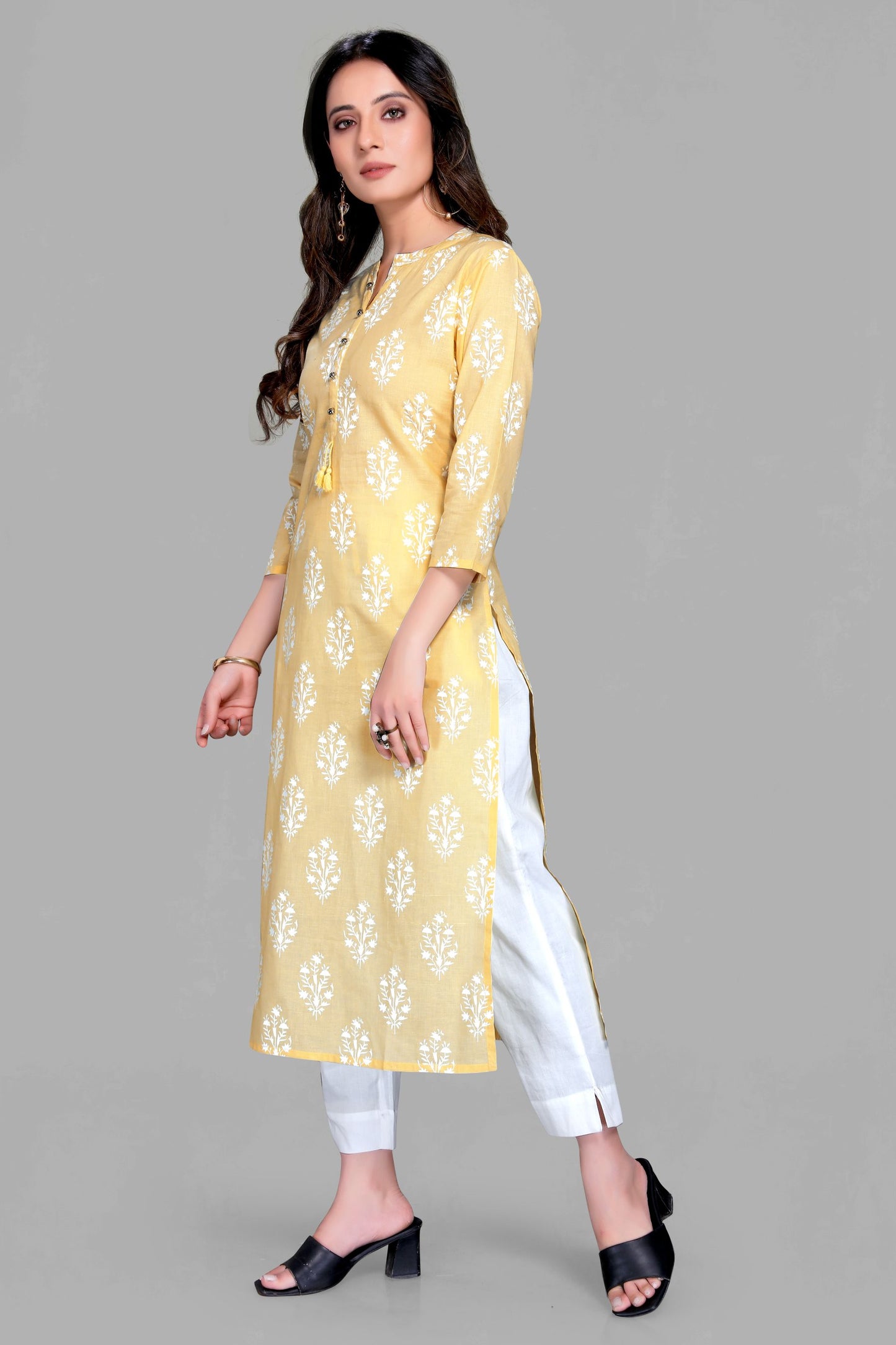 Lemon Green Color Floral Print Kurti