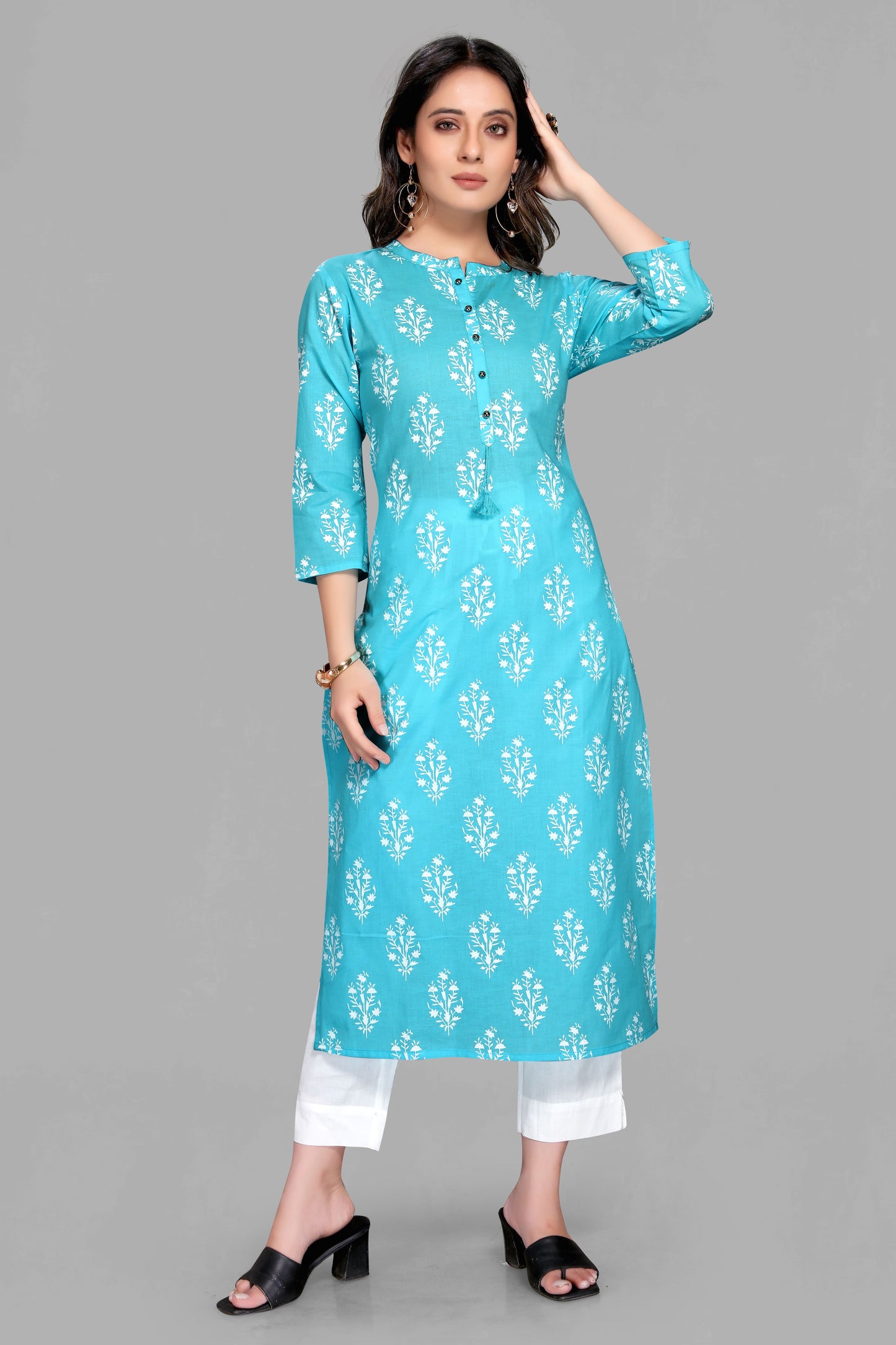 Sky Color Floral Print Kurti