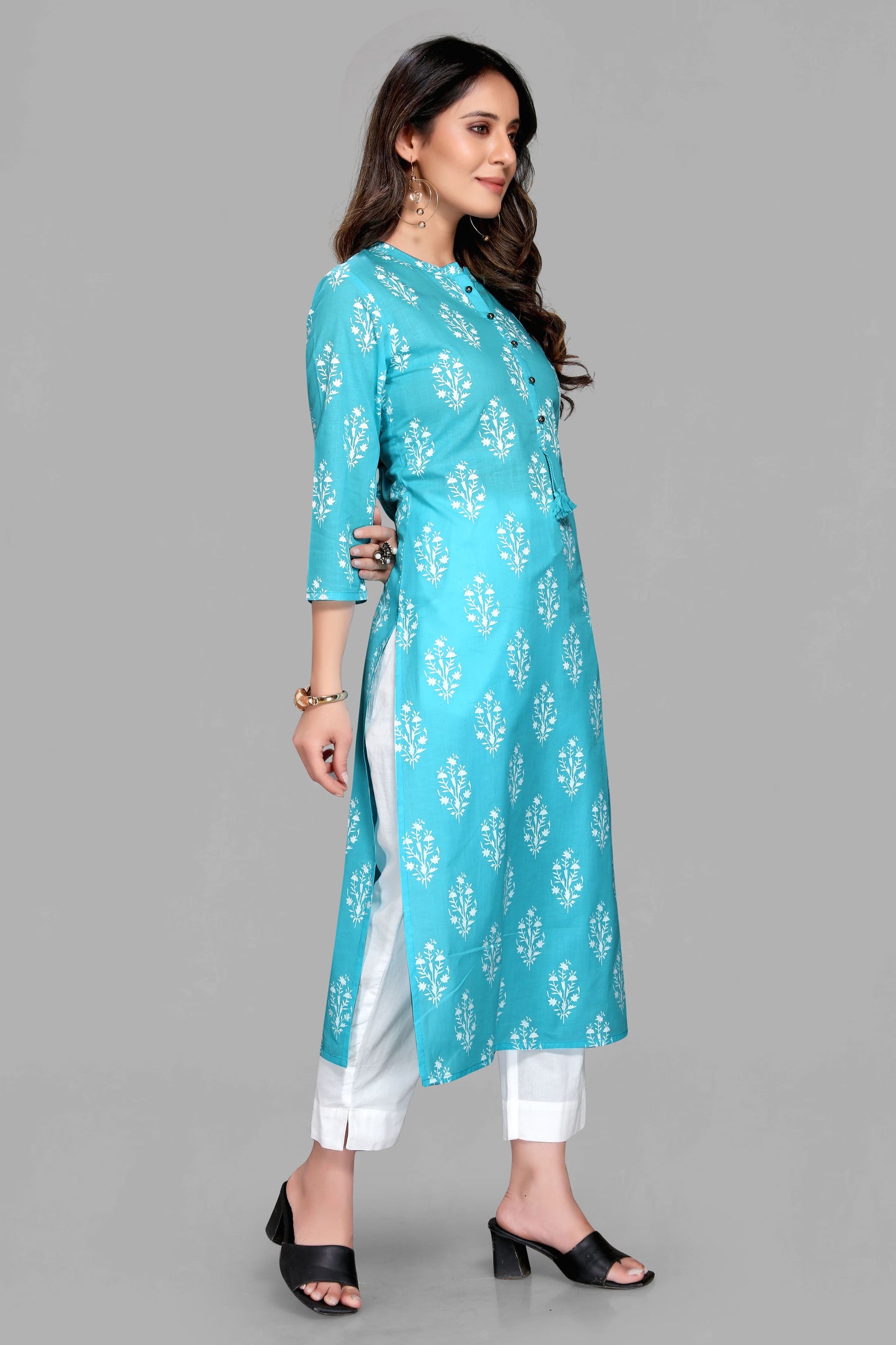 Sky Color Floral Print Kurti