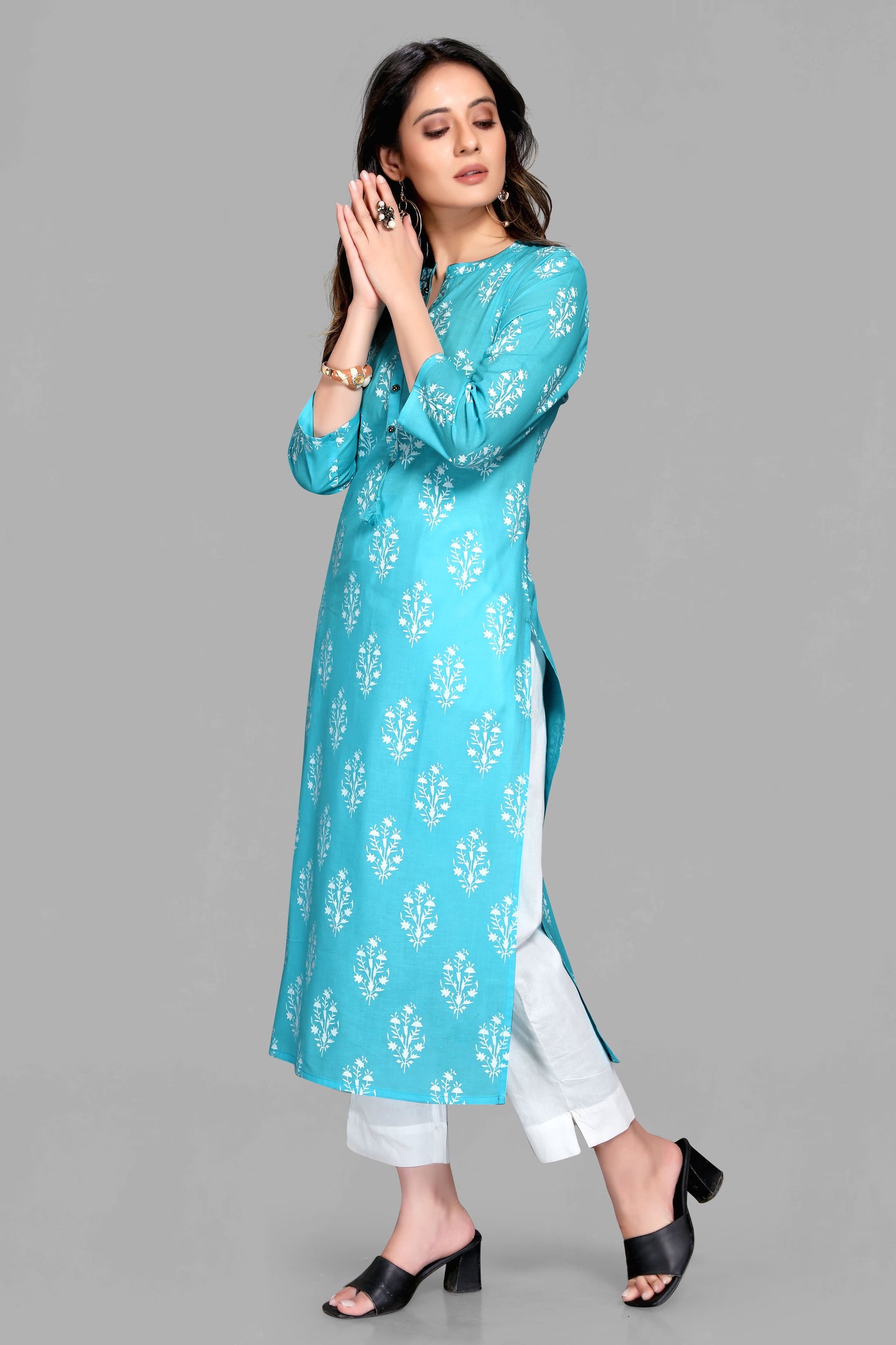 Sky Color Floral Print Kurti