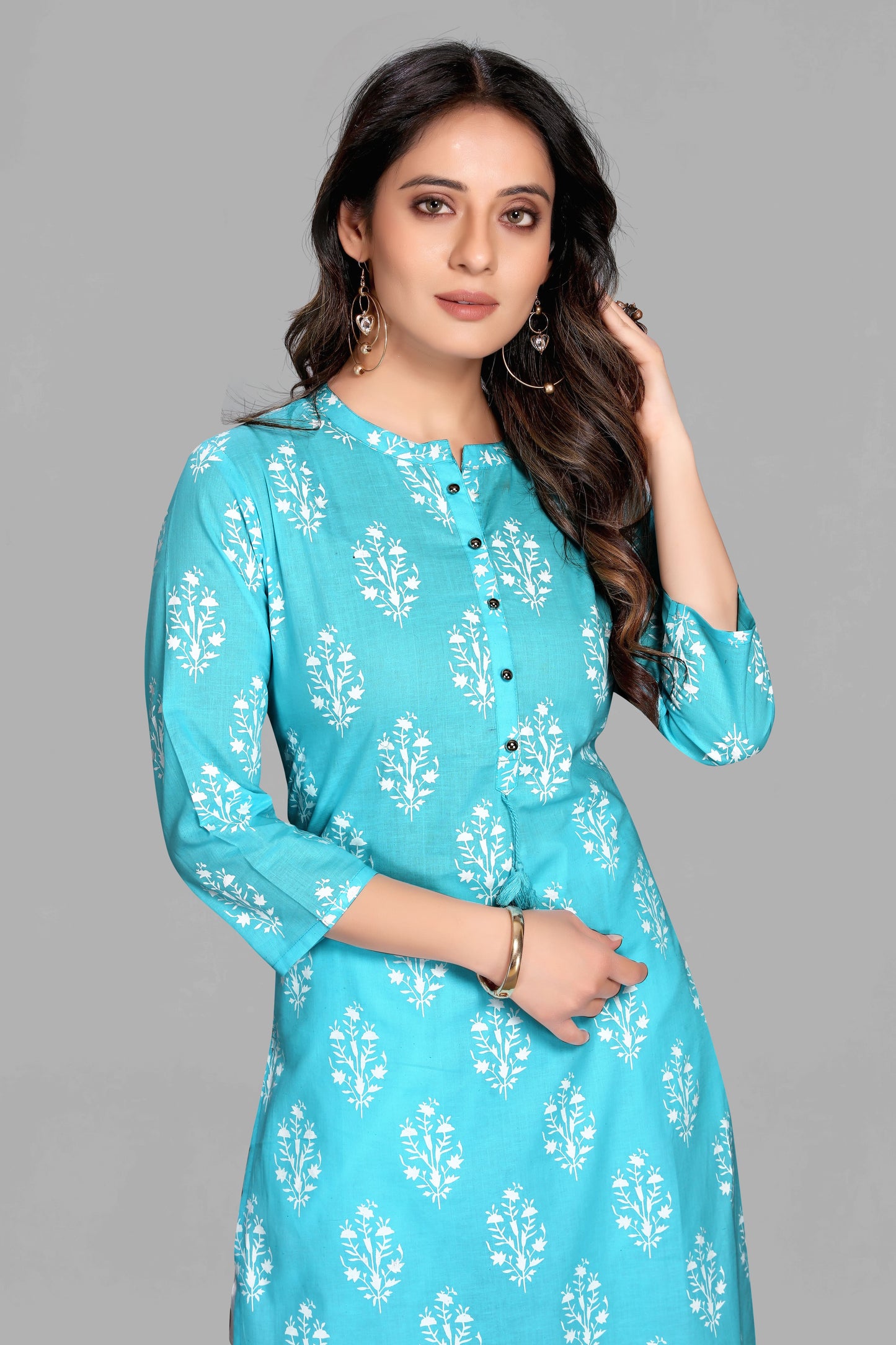 Sky Color Floral Print Kurti