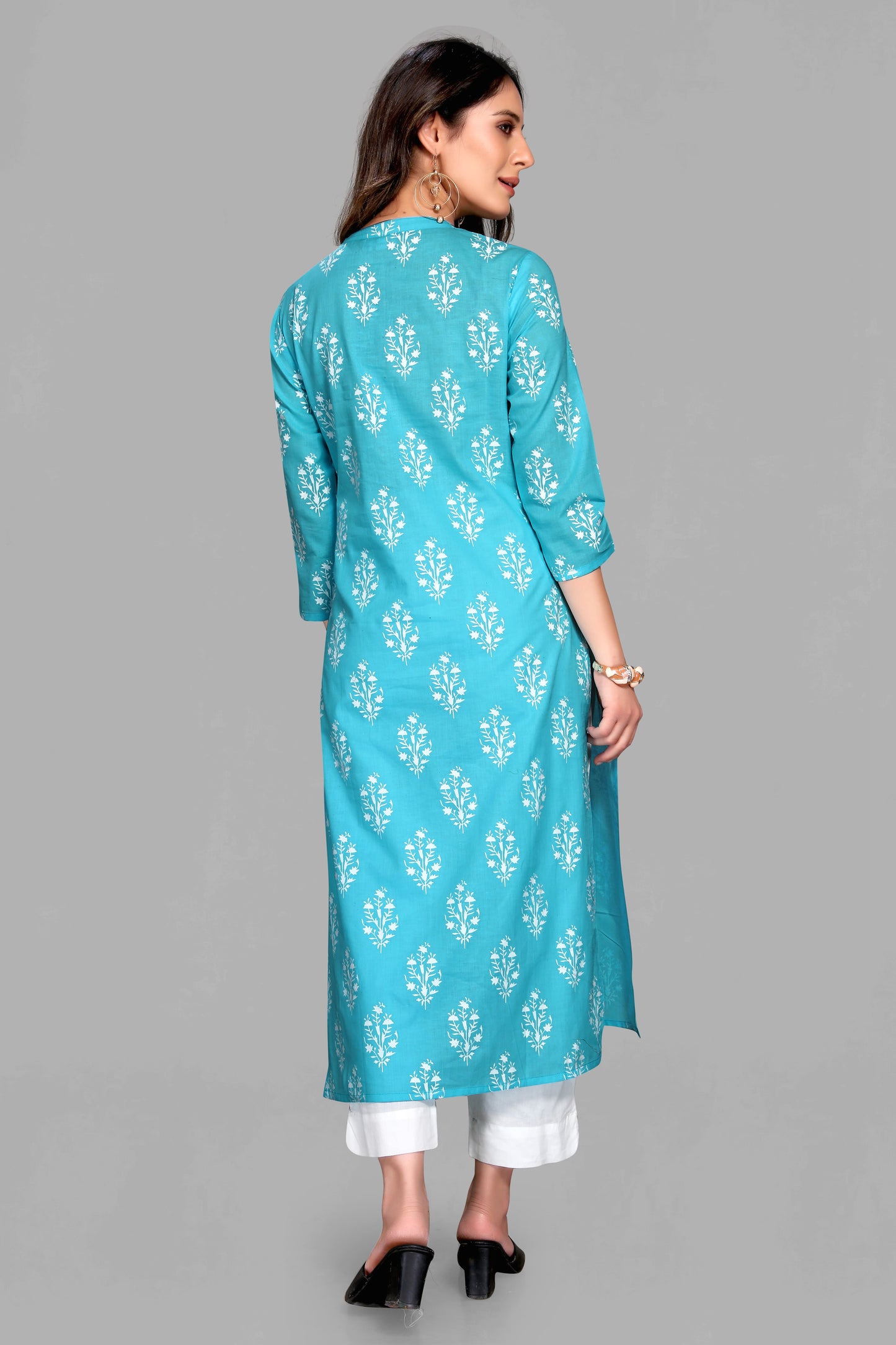 Sky Color Floral Print Kurti