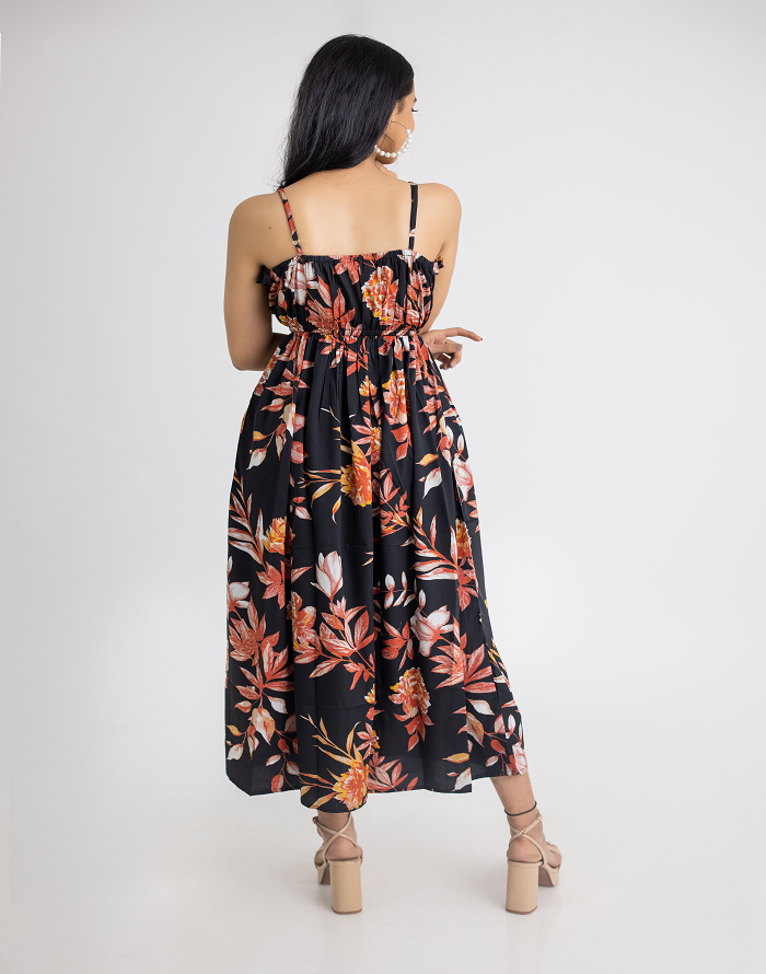 Black Color Floral Print One Piece Dress