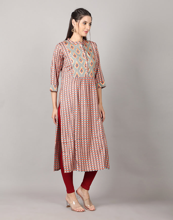 Checked Style Orange Kurti