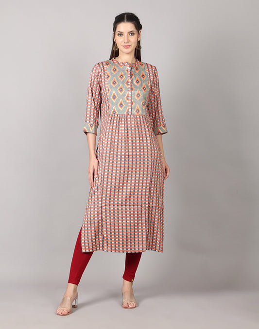 Checked Style Orange Kurti