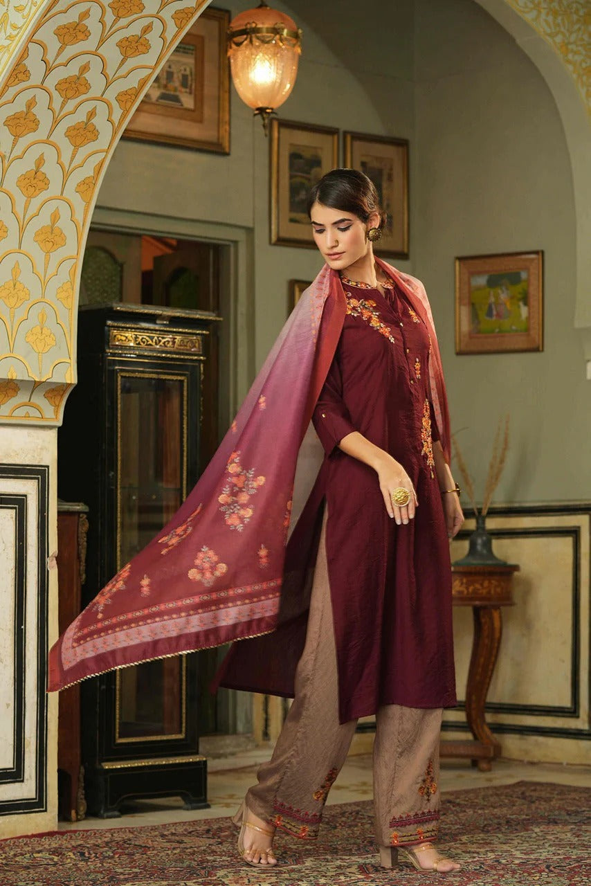 Maroon Top Bottom Dupatta Set