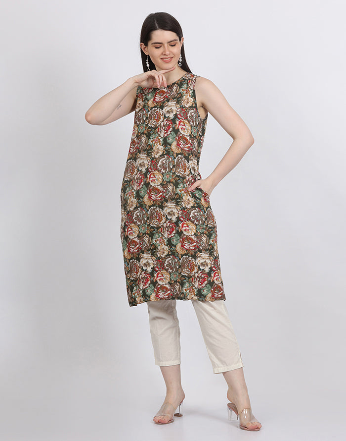 Green Sleeveless Floral Kurti