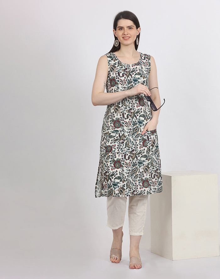 White Sleeveless Floral Kurti