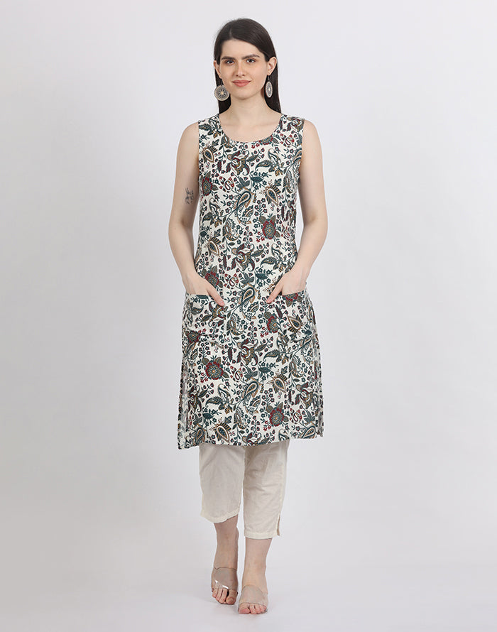 White Sleeveless Floral Kurti