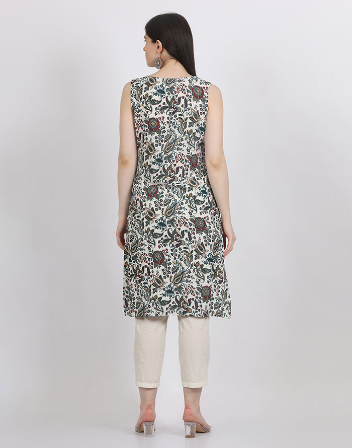 White Sleeveless Floral Kurti