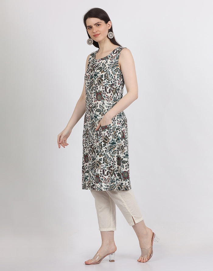 White Sleeveless Floral Kurti