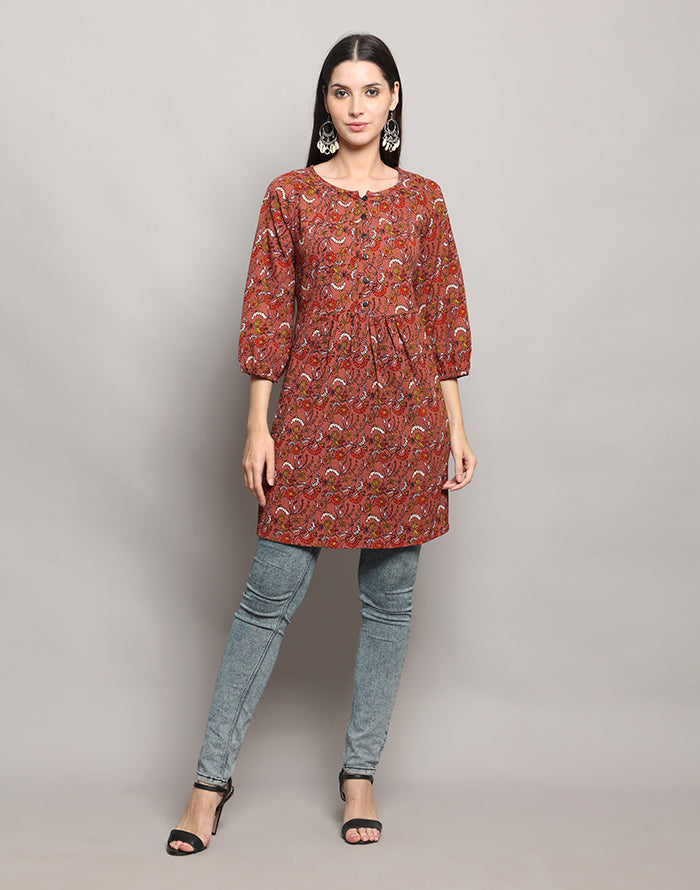 Brown Color Floral Print Tunic