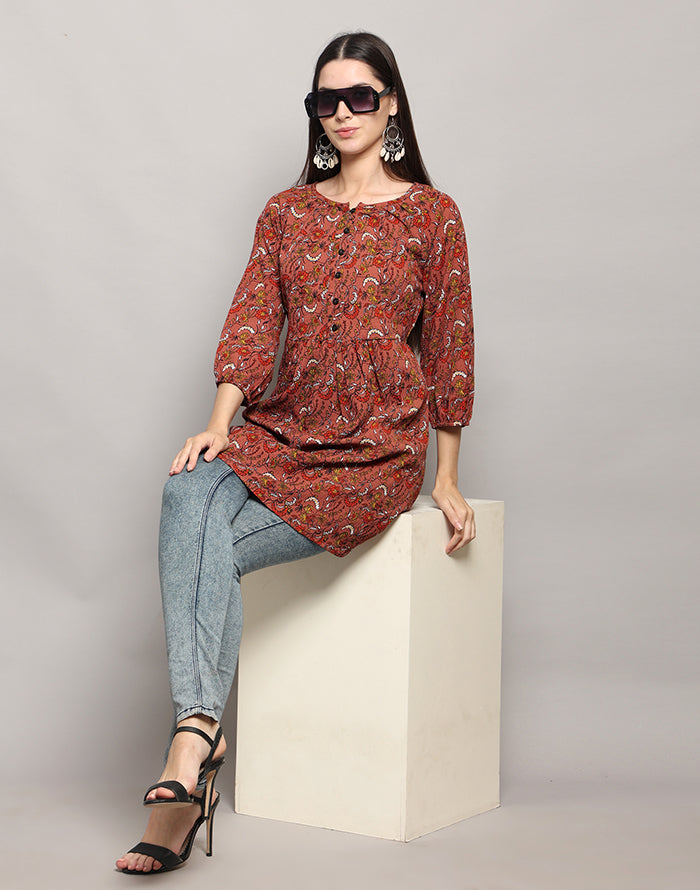 Brown Color Floral Print Tunic