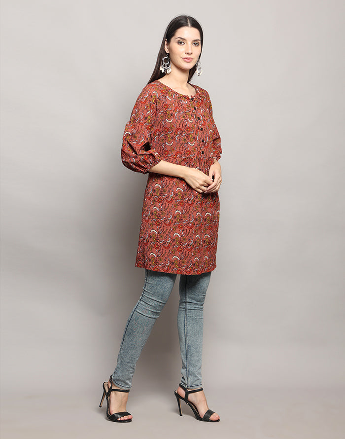 Brown Color Floral Print Tunic