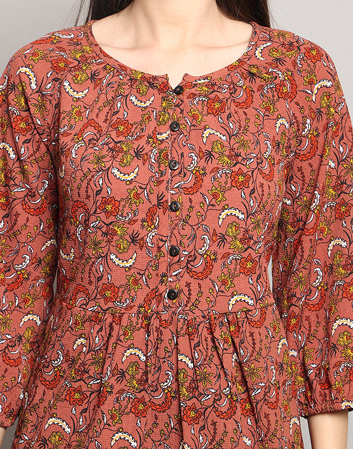 Brown Color Floral Print Tunic