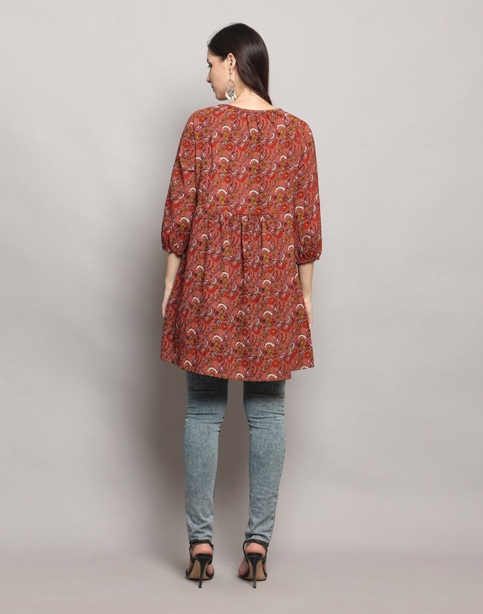 Brown Color Floral Print Tunic