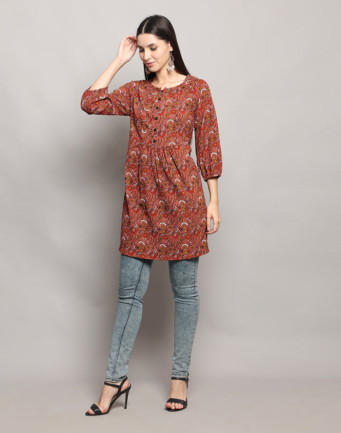 Brown Color Floral Print Tunic