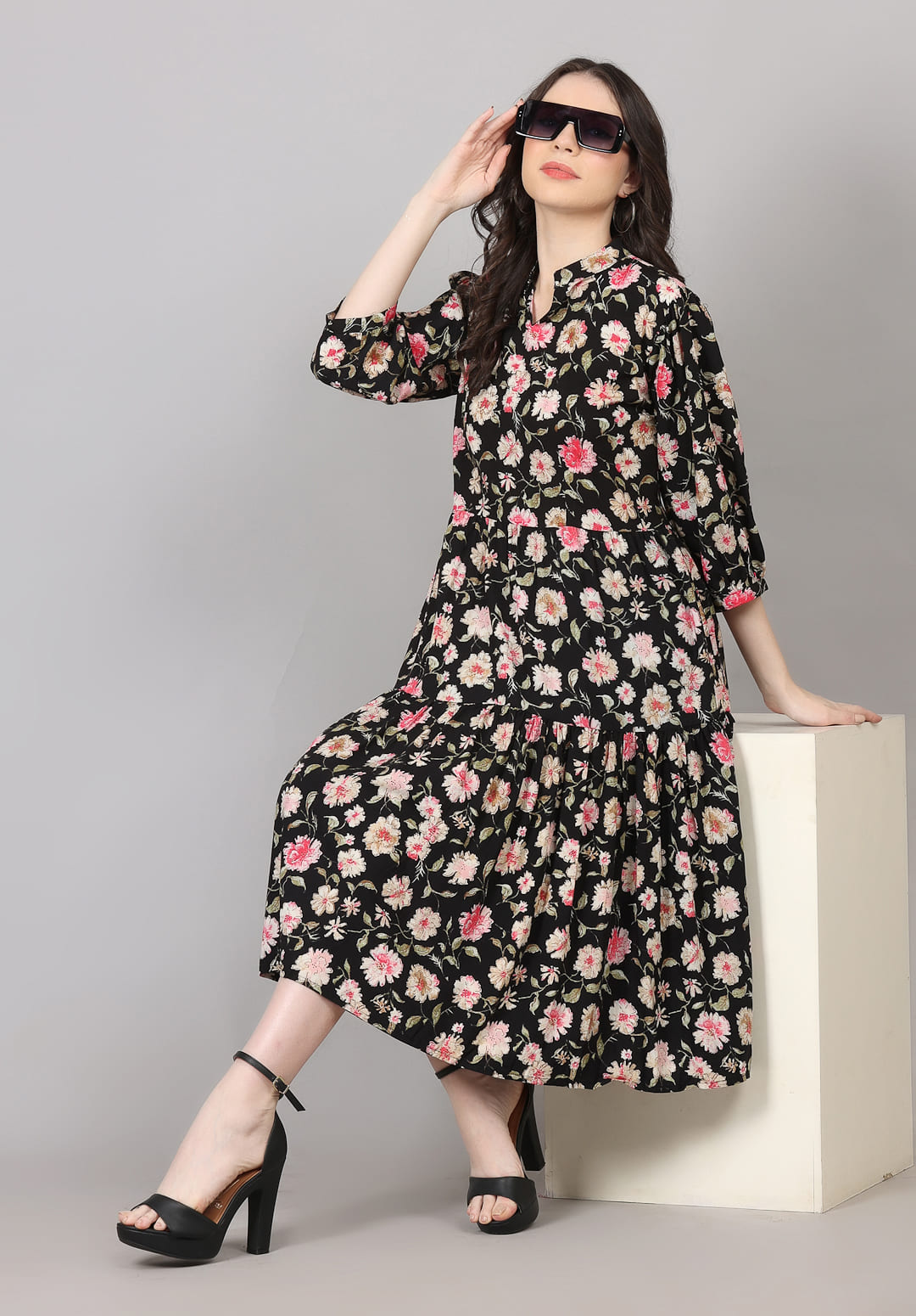 Floral Printed in Black Dress