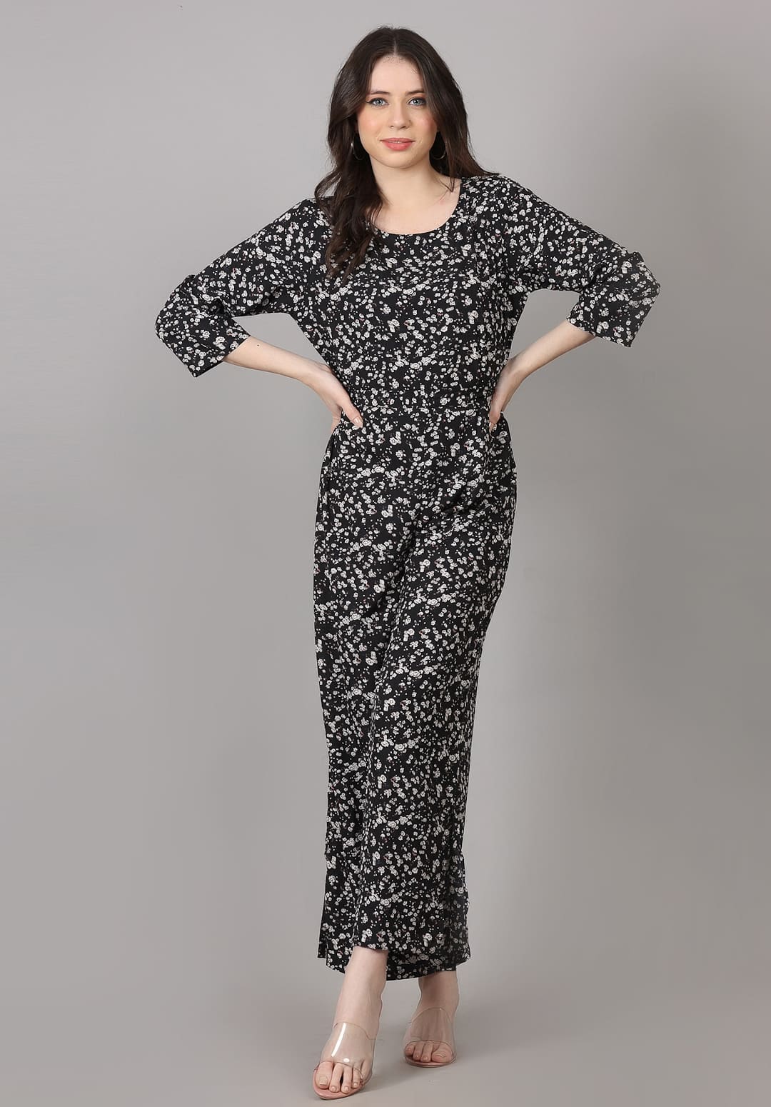 Black Color Small Print Jumpsuit