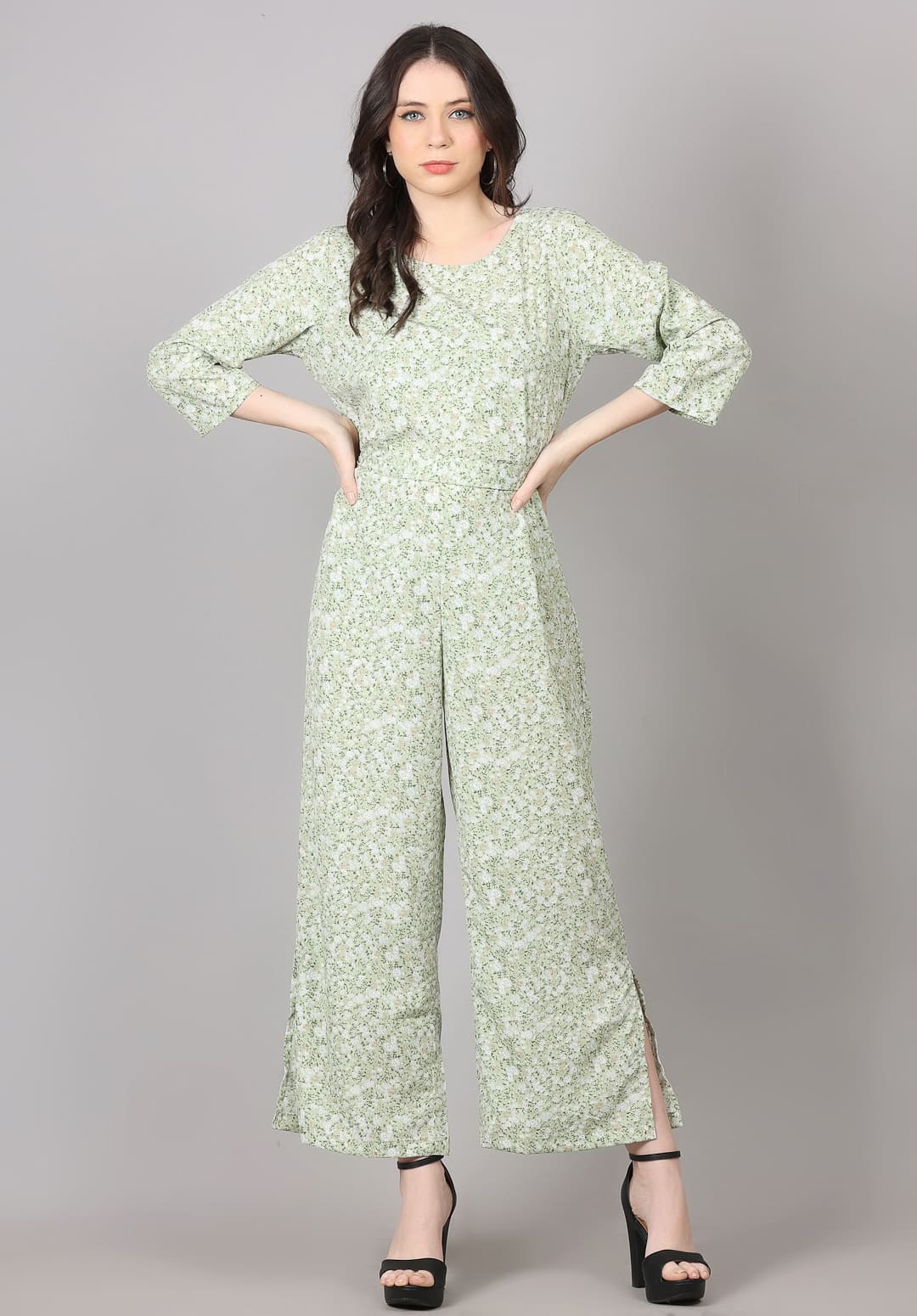 Green Color Small Print Jumpsuit