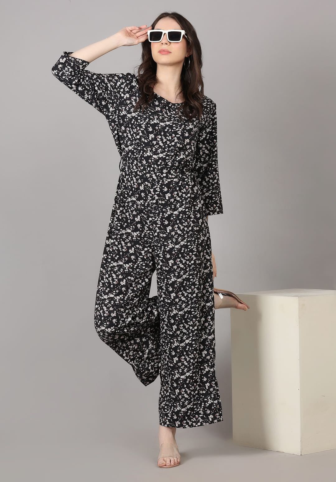 Black Color Small Print Jumpsuit